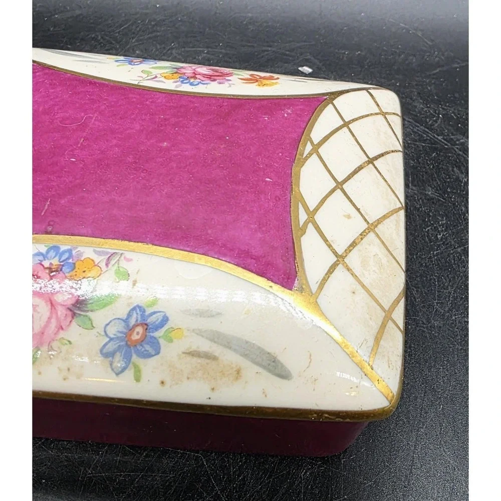 Vintage BW Hand Painted Porcelain Rectangular Trinket Dresser Box Flower Floral